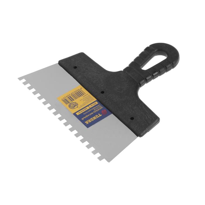 Шпатель зубчатый TUNDRA Basic, 200 мм, зуб 6х6 мм, нержавеющая сталь, ручка пластик