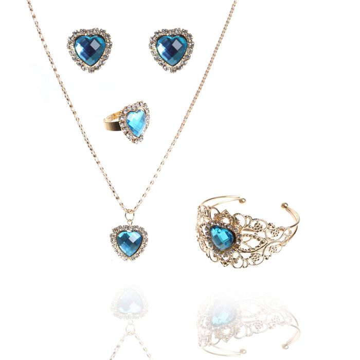 Гарнитур 4 предмета: серьги, кулон, браслет, кольцо (безраз-ое) "Арабика" сердце, цвет голубой в золоте