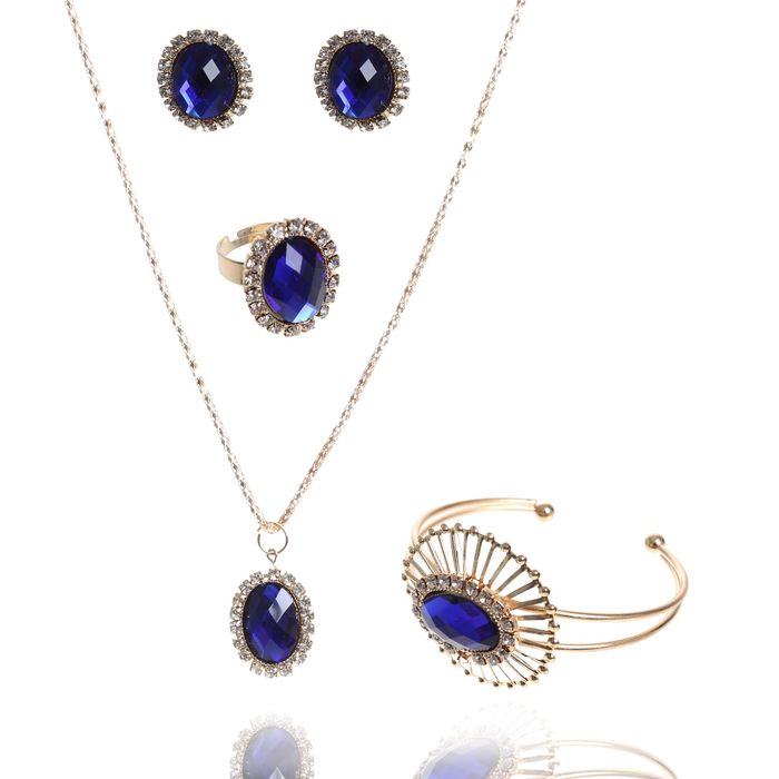 Гарнитур 4 предмета: серьги, кулон, браслет, кольцо (безраз-ое) "Арабика" овал, цвет синий в золоте