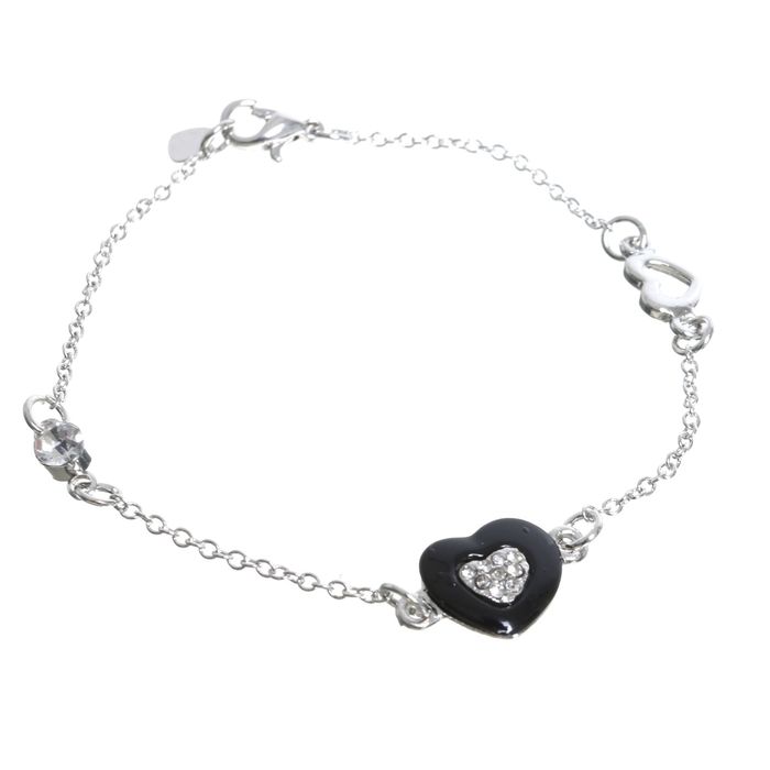 Браслет со стразами "Ветерок" сердца, цвет чёрно-белый в серебре