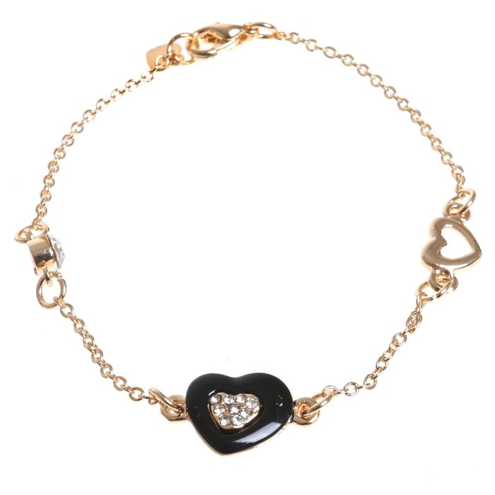 Браслет со стразами "Ветерок" сердца, цвет чёрно-белый в золоте