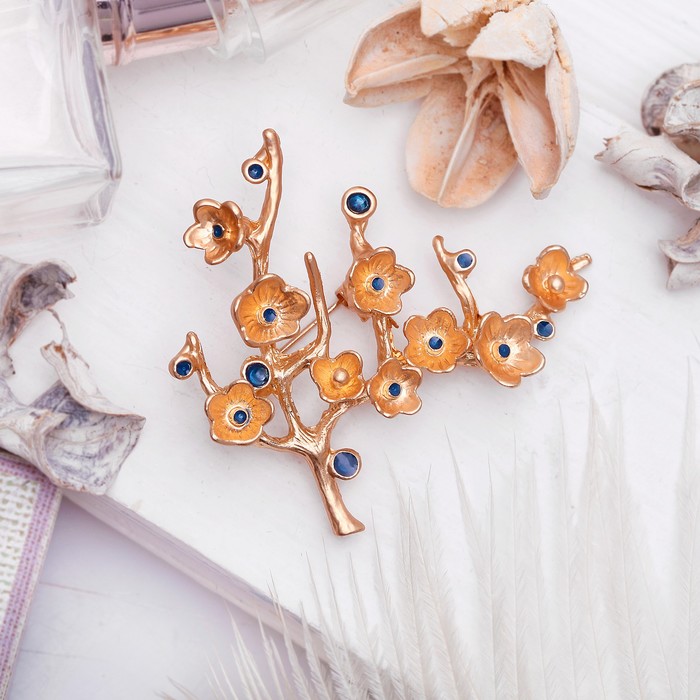 Брошь "Ветвь сакуры", цвет синий в матовом золоте