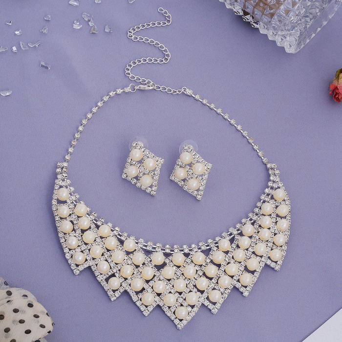 Набор 2 предмета: серьги, колье &quot;Жемчуг&quot; каскад, ромбы, цвет белый в серебре