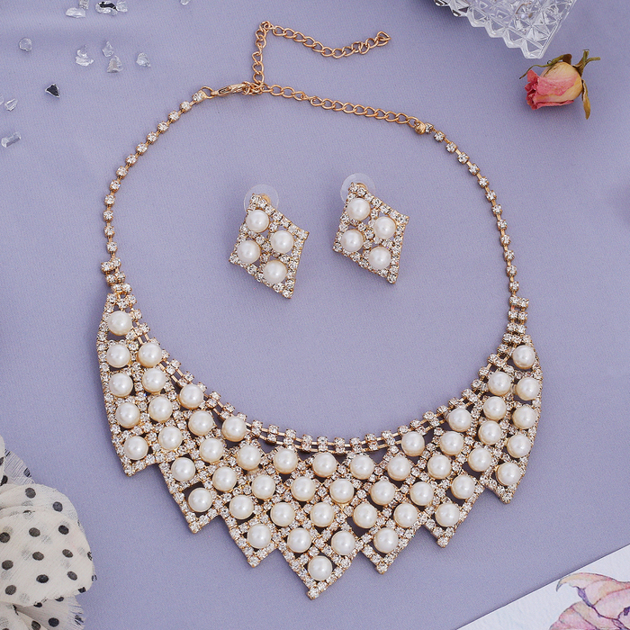Набор 2 предмета: серьги, колье &quot;Жемчуг&quot; каскад, ромбы, цвет белый в золоте