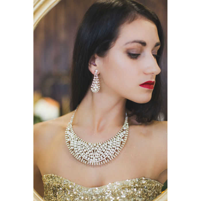 Набор 2 предмета: серьги, колье "Жемчуг" каскад, нежность, цвет белый в золоте