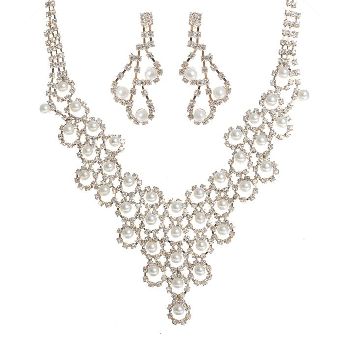 Набор 2 предмета: серьги, колье &quot;Жемчуг&quot; каскад, ажур, цвет белый в золоте