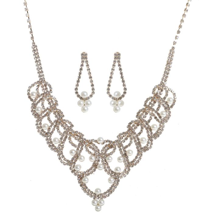 Набор 2 предмета: серьги, колье &quot;Жемчуг&quot; каскад, королева, цвет белый в золоте