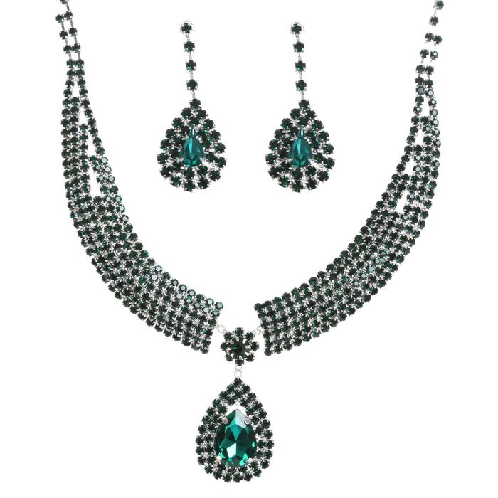 Набор 2 предмета: серьги, колье "Королева", цвет зелёный в серебре