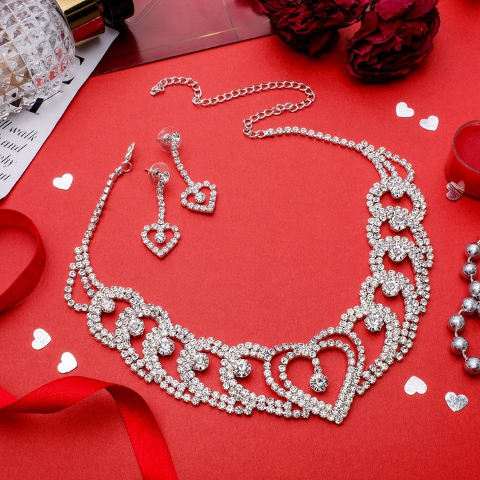 Набор 2 предмета: серьги, колье &quot;Сердце&quot;, цвет белый в серебре