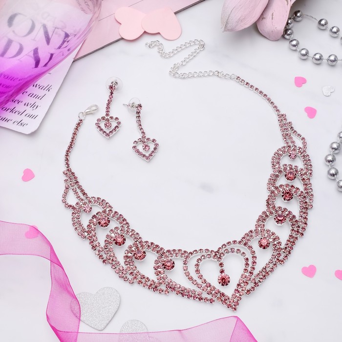 Набор 2 предмета: серьги, колье "Сердце", цвет сиреневый в серебре