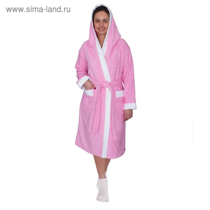 Халат женский, размер 50, белый/розовый, махра
