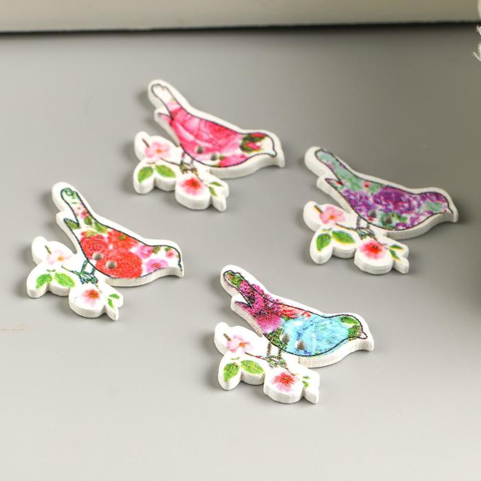 Набор пуговиц декоративных дерево "Птичка на ветке" (набор 10 шт) МИКС 3х3 см