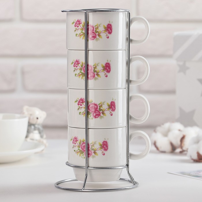 Набор кружек 180 мл "Розэбель", 4 шт, на металлической подставке, рисунок МИКС