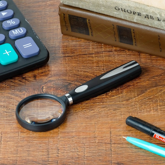 Лупа 3x, d=5 см, рукоять чёрная, вставка хромированная, 15 см