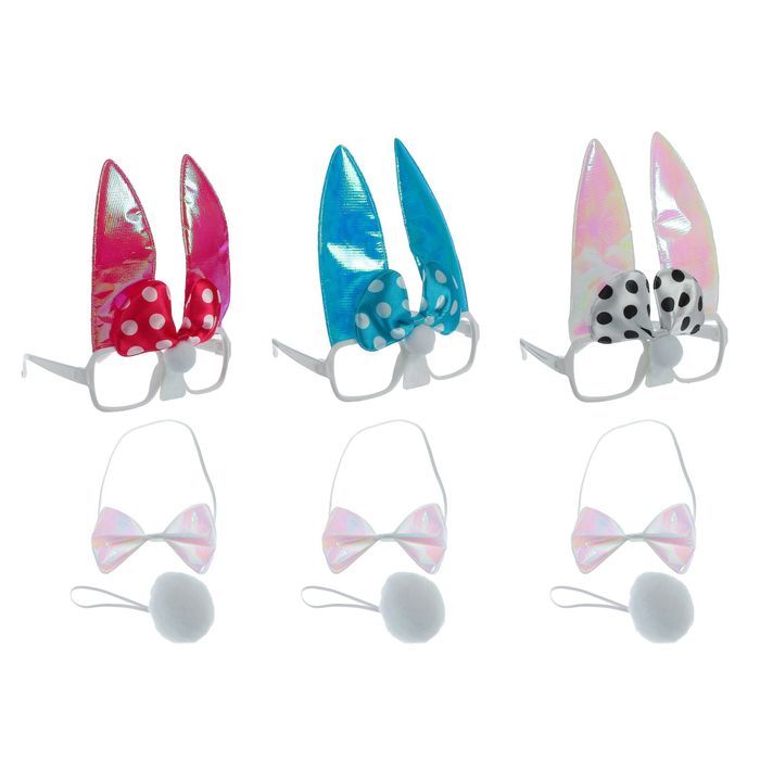 Карнавальный набор "Зайка" с бантиком 3 предмета: очки, хвост, бабочка, цвета МИКС