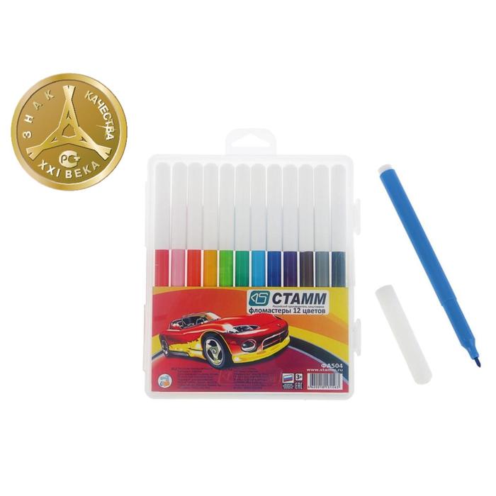 Фломастеры 12 цветов "Автомобили", в пенале, вентилируемый колпачок, длина линии письма более 400 м, европодвес