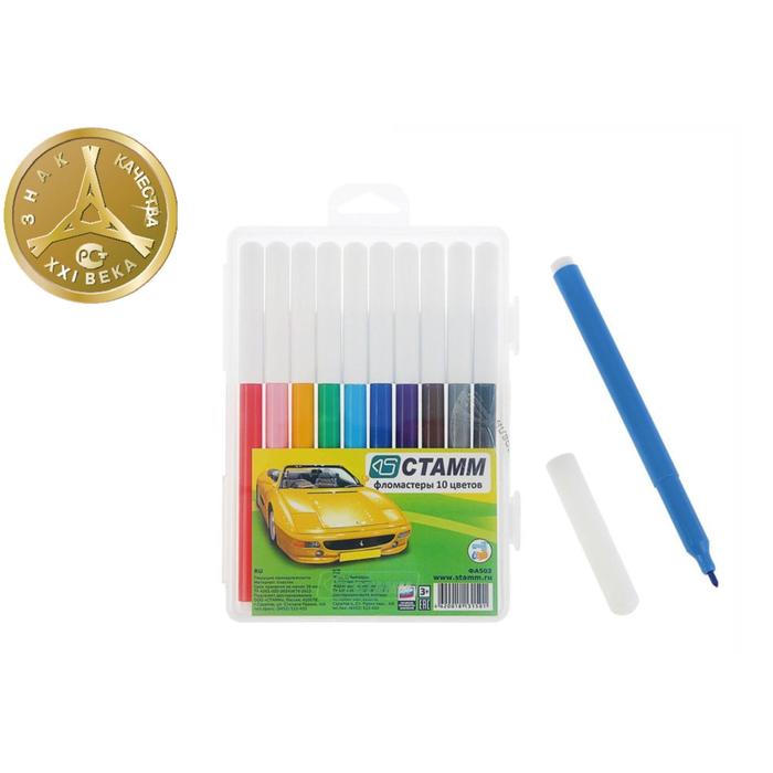 Фломастеры 10 цветов "Автомобили", в пенале, вентилируемый колпачок, длина линии письма более 400 м, европодвес