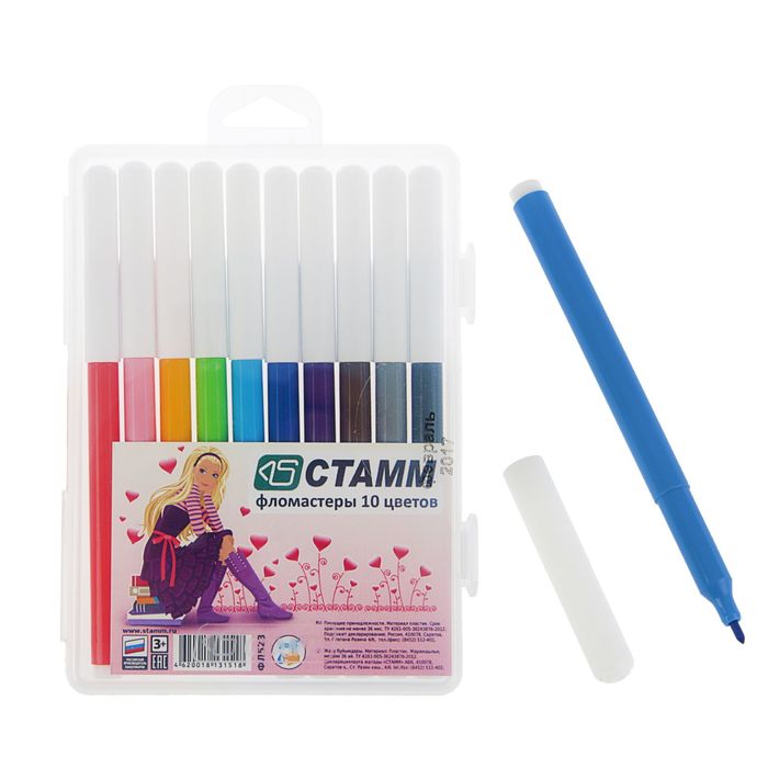 Фломастеры 10 цветов "Алиса", в пенале, вентилируемый колпачок, длина линии письма более 400 м, европодвес