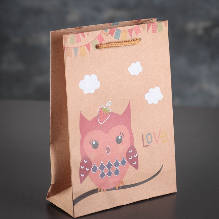 Пакет крафт "Сова с клубничкой", 15 х 6 х 20 см