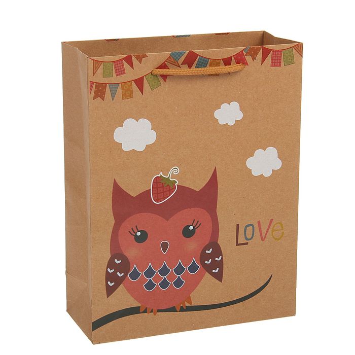 Пакет крафт "Сова с клубничкой", 11 х 6 х 14 см