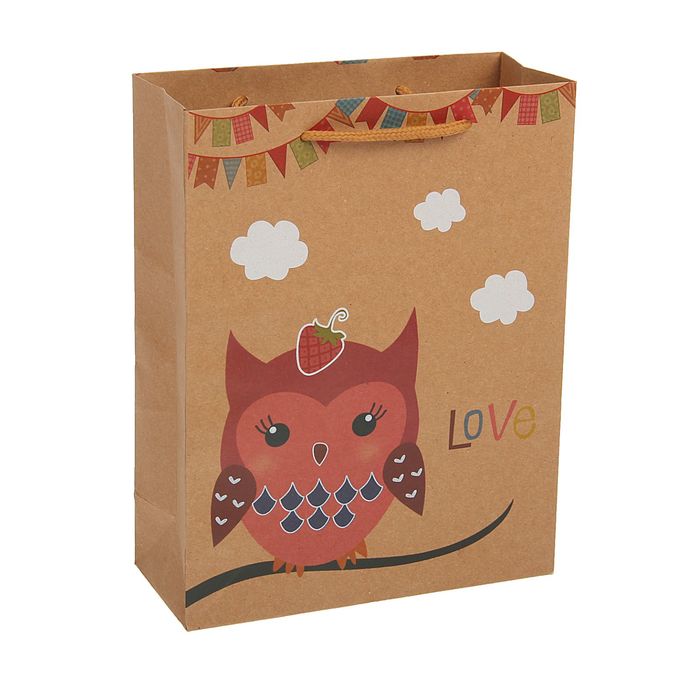 Пакет крафт "Сова с клубничкой", 24 х 8 х 33 см