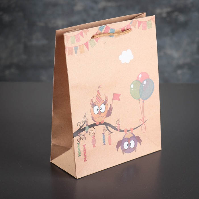 Пакет крафт "Совы", 19 х 8 х 25 см