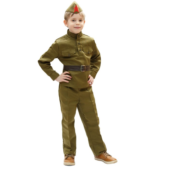 фото Костюм военного, гимнастёрка, ремень, пилотка, брюки, 3-5 лет, рост 104-116 см бока