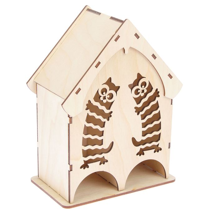 Чайный домик из фанеры "Полосатые коты" средний двойной (набор 10 деталей) 22х19х9 см