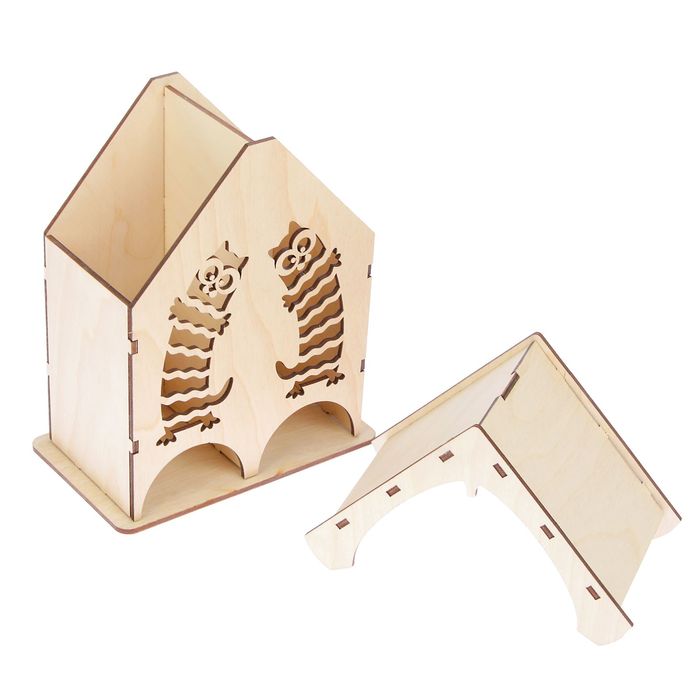 Чайный домик из фанеры "Полосатые коты" средний двойной (набор 10 деталей) 22х19х9 см