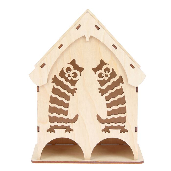 Чайный домик из фанеры "Полосатые коты" средний двойной (набор 10 деталей) 22х19х9 см