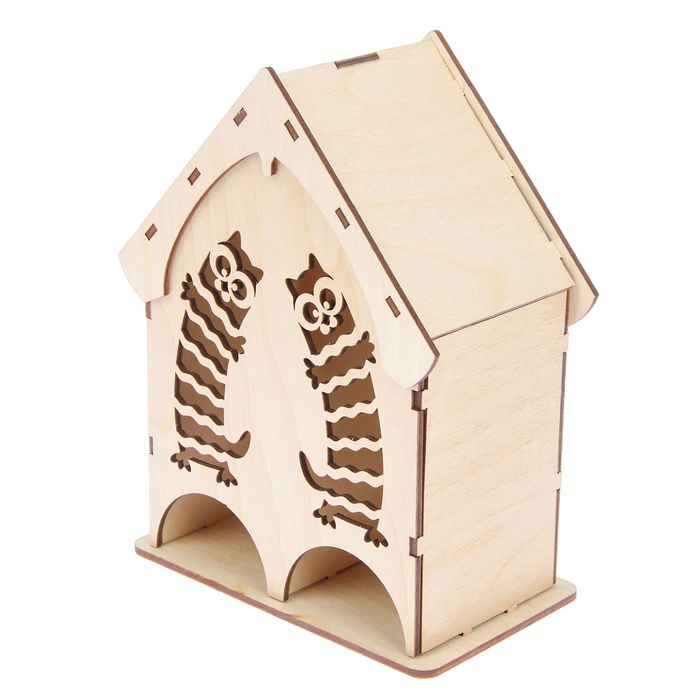 Чайный домик из фанеры "Полосатые коты" средний двойной (набор 10 деталей) 22х19х9 см