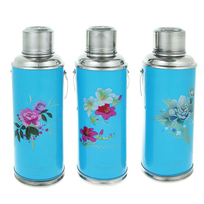 Термос 2000 мл «Цветы», с ручкой, 1 кружка, рисунок микс, голубой