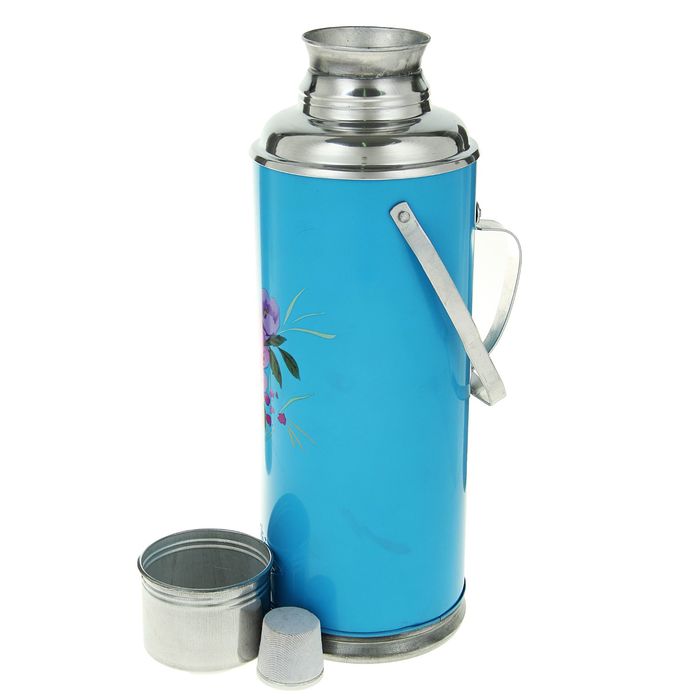 Термос 2000 мл «Цветы», с ручкой, 1 кружка, рисунок микс, голубой