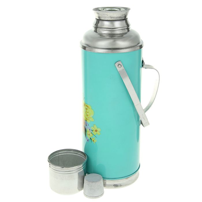 Термос 1200 мл «Пионы», с ручкой, 1 кружка, бирюзовый