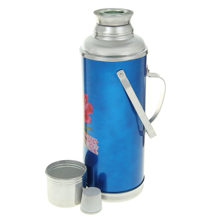Термос 1200 мл «Цветы на дуге», с ручкой, 1 кружка, синий