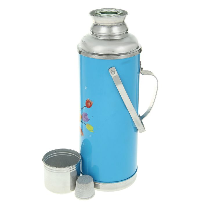 Термос 1200 мл «Тюльпаны», с ручкой, 1 кружка, голубой 840912