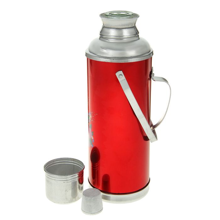 Термос 1200 мл «Букет полевых цветов», с ручкой, 1 кружка, красный