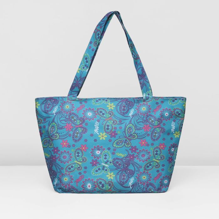 Сумка пляжная 30*12*35, отдел на молнии, "Бабочки, фуксия на бирюзовом фоне"