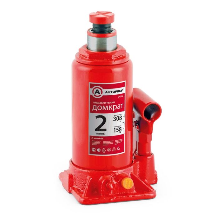 Домкрат гидравлический AUTOPROFI DG-02, бутылочный, 2 тонны, высота подъёма 308 мм