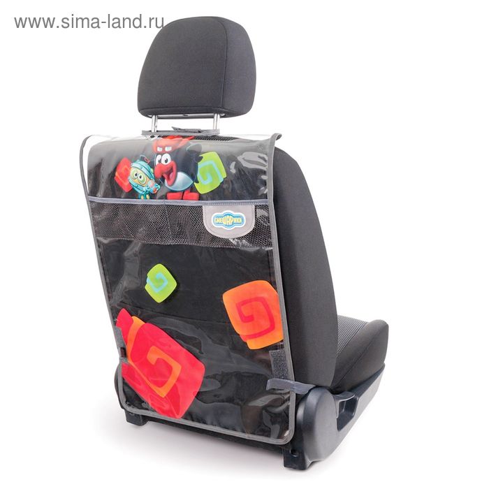 фото Накидка - незапинайка "смешарики" для защиты спинки переднего сиденья от ног ребёнка, мягкий прозрачный пвх, цвет чёрный/тёмно-серый, sm/kmt-010 pin