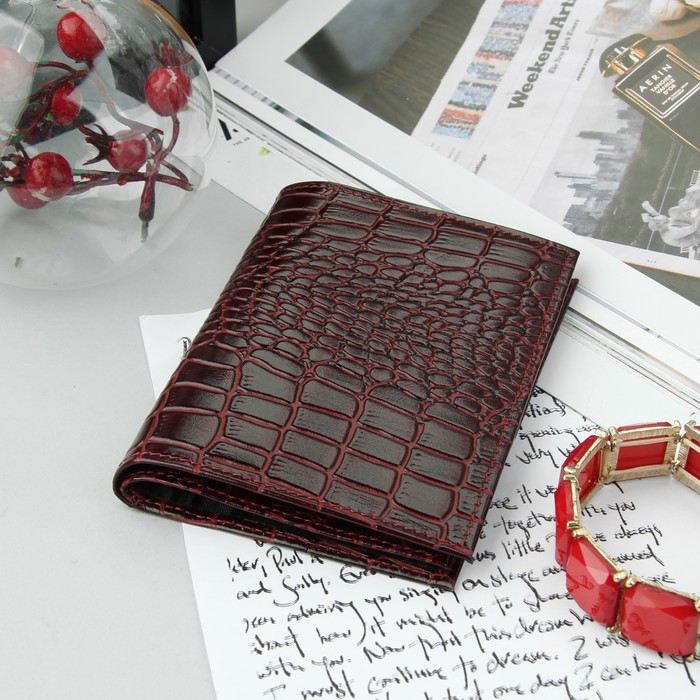 Обложка для автодокументов, отдел для паспорта, крокодил, цвет бордовый