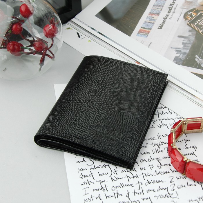 Обложка для автодокументов, отдел для паспорта, ящерица, цвет чёрный