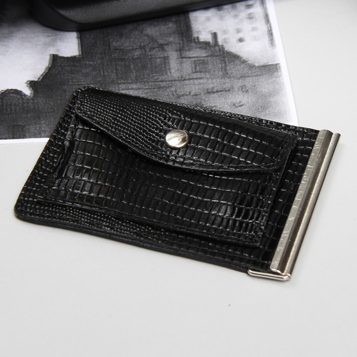 Зажим для купюр, отдел для монет, наплак, цвет чёрный