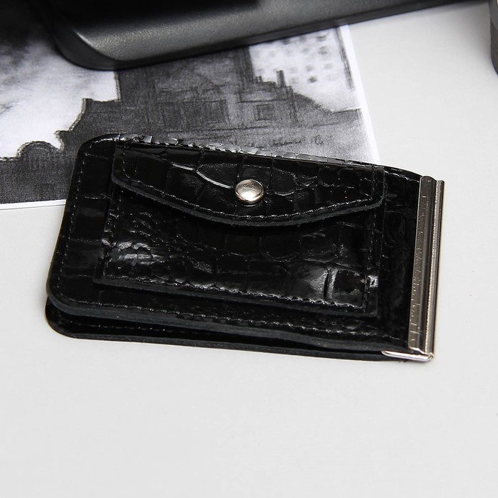 Зажим для купюр, отдел для монет, карт, крокодил, цвет чёрный