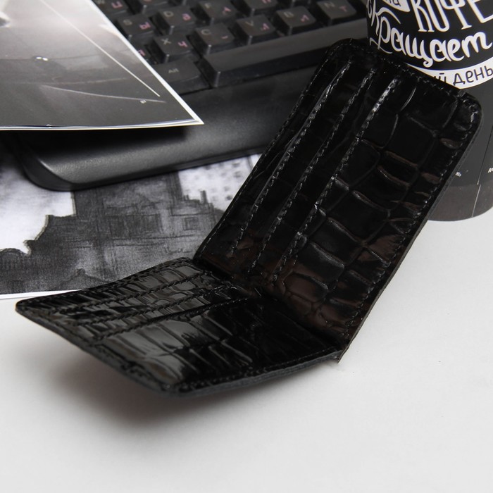 Зажим для купюр, отдел для монет, карт, крокодил, цвет чёрный