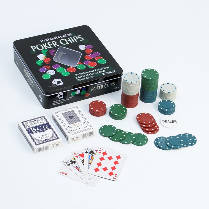 Покер, набор для игры карты 2 колоды микс, фишки 100 шт., без номинала 20 х 20 см