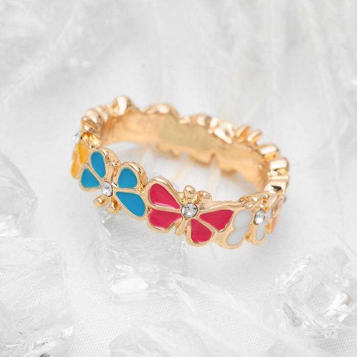 Кольцо "Бабочки порхающие", цветное в золоте, размер 17