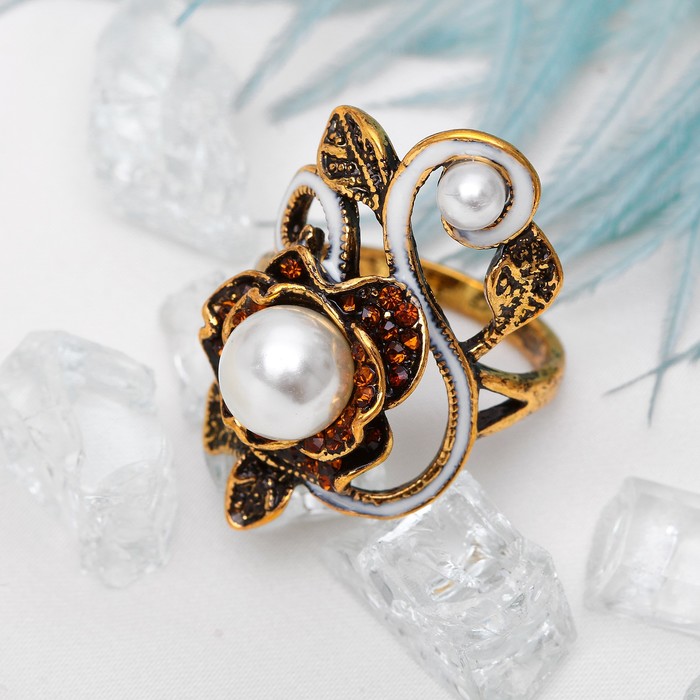 Кольцо "Ажур" роза, цвет белый в чернёном золоте, размер 18