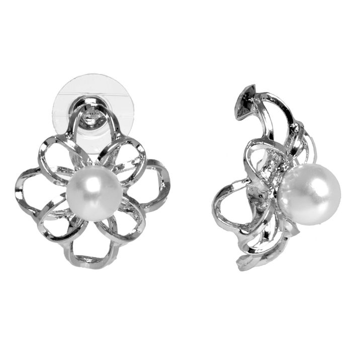 Серьги с жемчугом "Цветок" ажурный, цвет белый в серебре