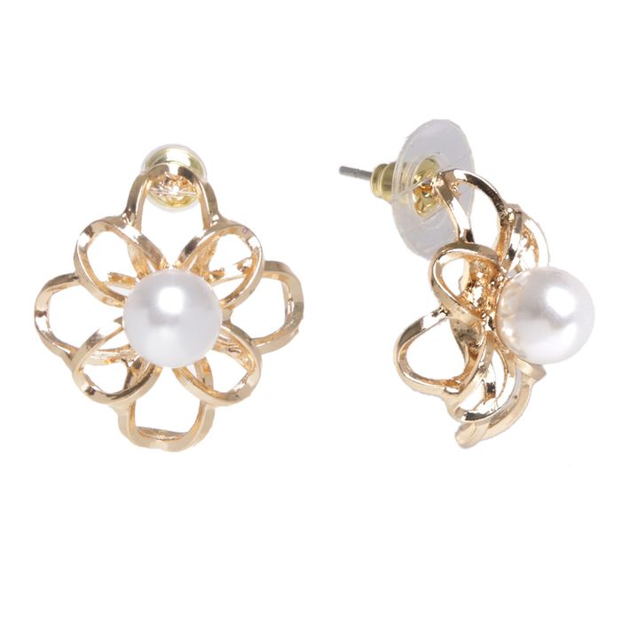 Серьги с жемчугом "Цветок" ажурный, цвет белый в золоте